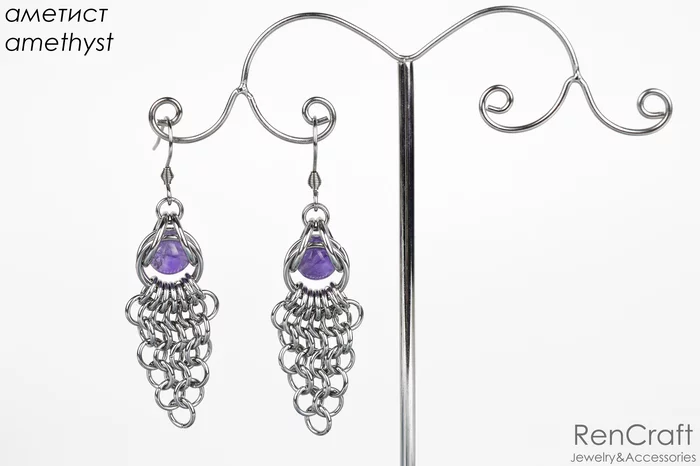 Chainmail earrings with stones - My, Needlework without process, Chain weaving, Handmade, Chainmaille, Longpost, Chain mail jewelry, Earrings