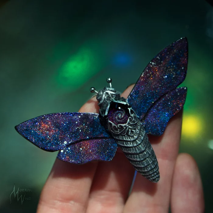 Space Moth - My, Needlework without process, Polymer clay, Brooch, Butterfly, Space