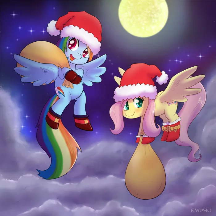 Hearth's Warming Pegasi - My Little Pony, PonyArt, Rainbow Dash, Fluttershy, Empyu, Рождество