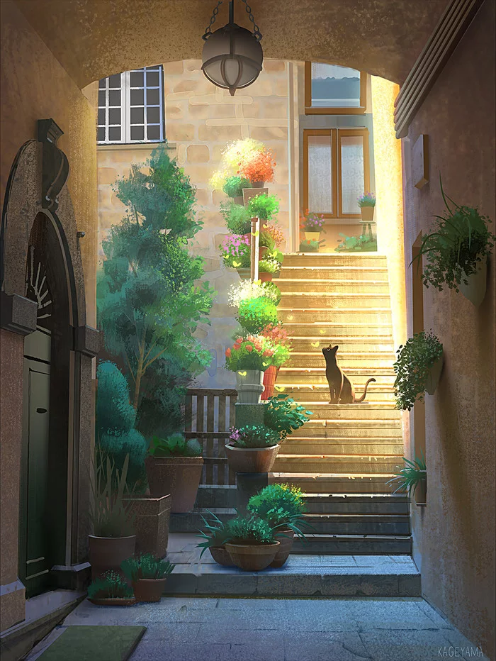 Ladder - Art, Drawing, Stairs, cat, Masashi Kageyama