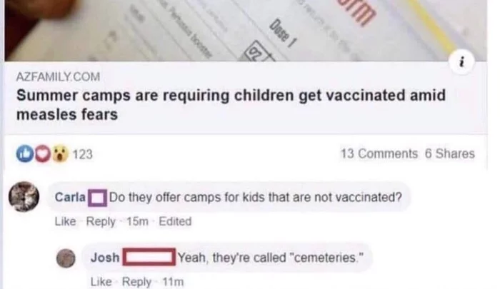 About children's camps - Black humor, Anti-vaccines, Facebook, Comments