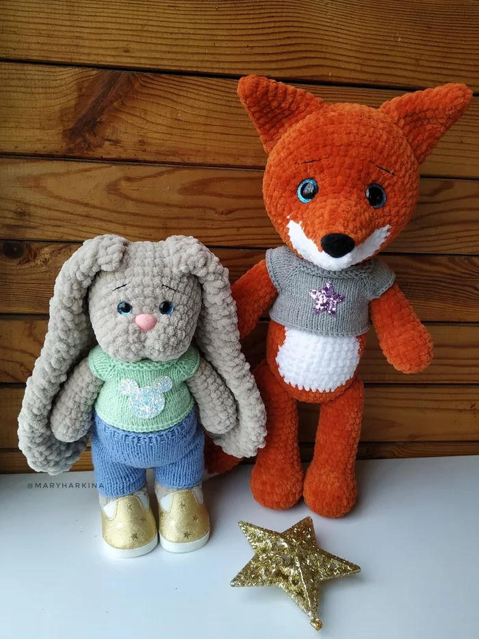 Bunny and fox - My, Knitted toys, Hare, Needlework without process, Fox, Video, Longpost