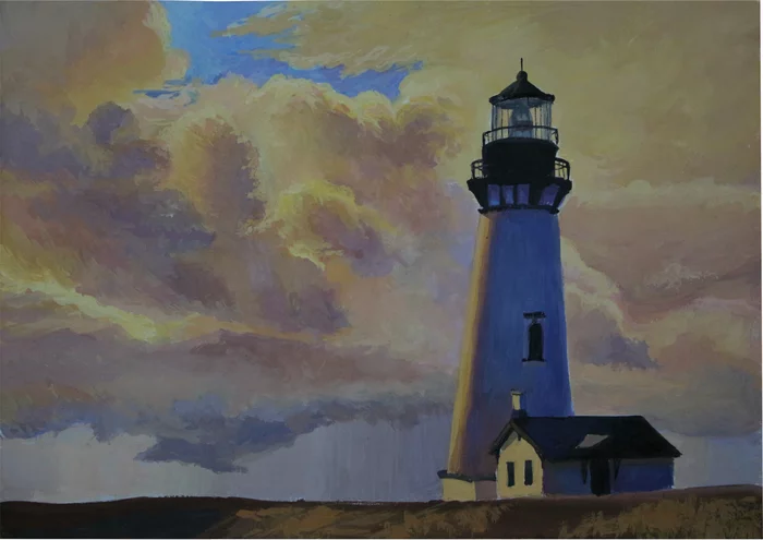 Lighthouse Yaquina HeadLight, gouache, A5 format - My, Creation, Painting, Drawing, Gouache, Lighthouse, Artist, Painting, Sky