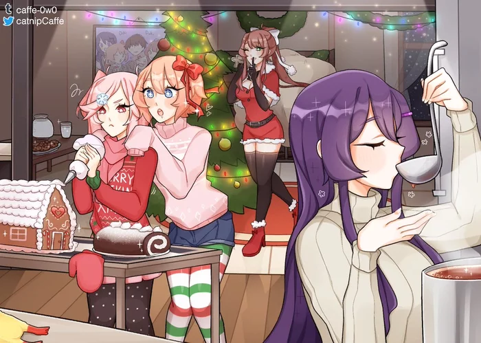 Getting ready for Christmas - Doki Doki Literature Club, Sayori, Yuri DDLC, Natsuki, Monika, Anime Art, Визуальная новелла, Monika (Doki Doki)