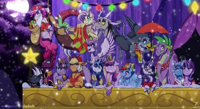 Christmas gatherings - My little pony, Mane 6, Tempest shadow, Starlight Glimmer, Spike, Trixie, MLP Discord, Inuhoshi-To-Darkpen