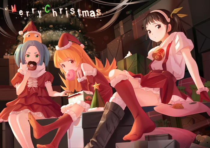 Merry Christmas) - Anime, Anime art, Monogatari series, Shinobu oshino, Hachikuji Mayoi, Yotsugi ononoki