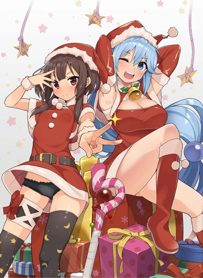 Santa Megumin and Aqua - NSFW, Konosuba, Anime Art, Aqua, Megumin, Аниме, Панцу