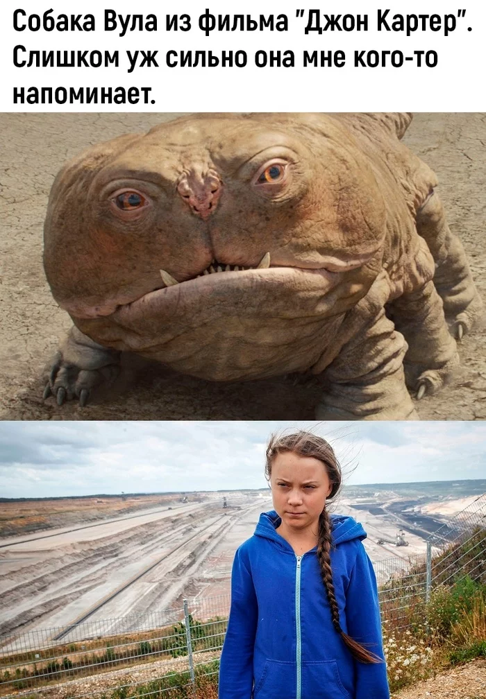 Who does she remind me of? - Greta Thunberg, John Carter, Dog, Picture with text