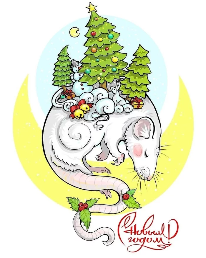 New Year's sleeping rats - My, Art, Postcard, Rat, New Year, Drawing, Shotaowl, Longpost