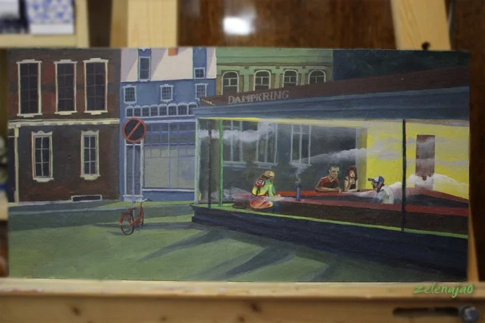 A copy of the Edward Hopper parody Night Owls - My, Oil painting, Town, Midnighters