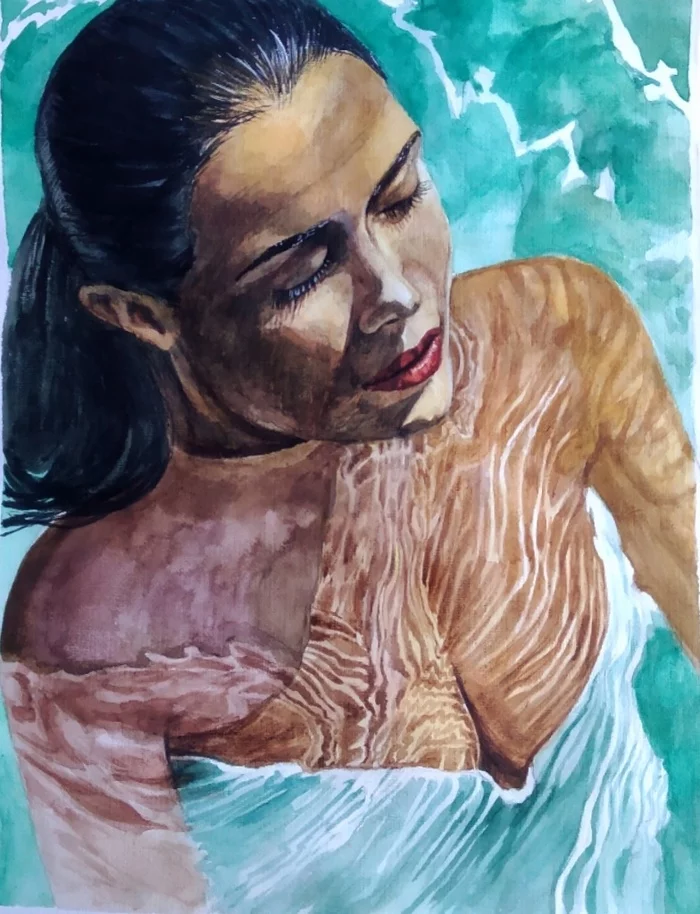 Watercolor drawing - My, Watercolor, Drawing, Art, Beautiful girl, Swimming pool, Painting