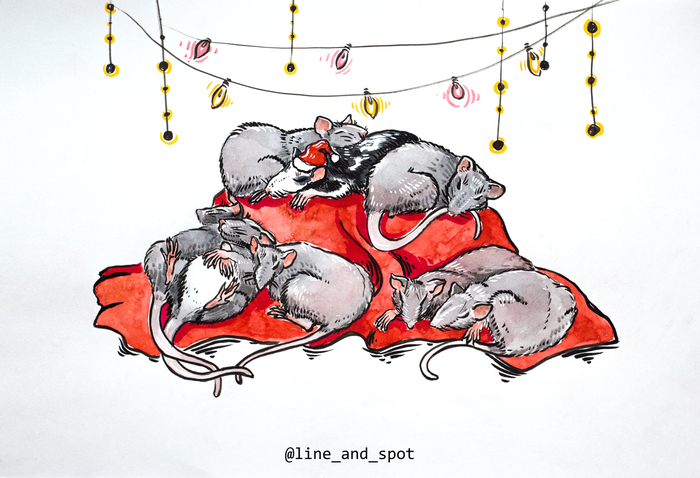 Новогодние крыски Иллюстрации, Крыса, Новый Год, Акварель, Тушь, Ghost BC