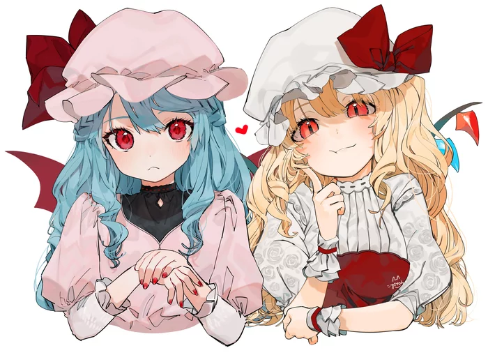 Scarlet sisters - Аниме, Anime Art, Touhou, Remilia Scarlet, Flandre Scarlet, Gotoh510, Длиннопост
