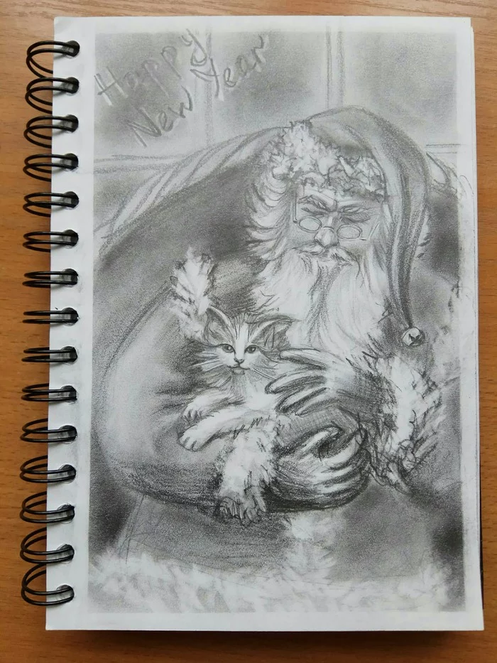 New Year's - My, Drawing, Father Frost, cat