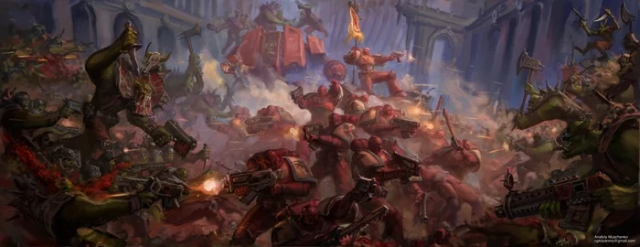 Кровавые Bороны превозмогают орков - Warhammer 40k, Wh Art, Blood ravens, Орки, Tolyanmy