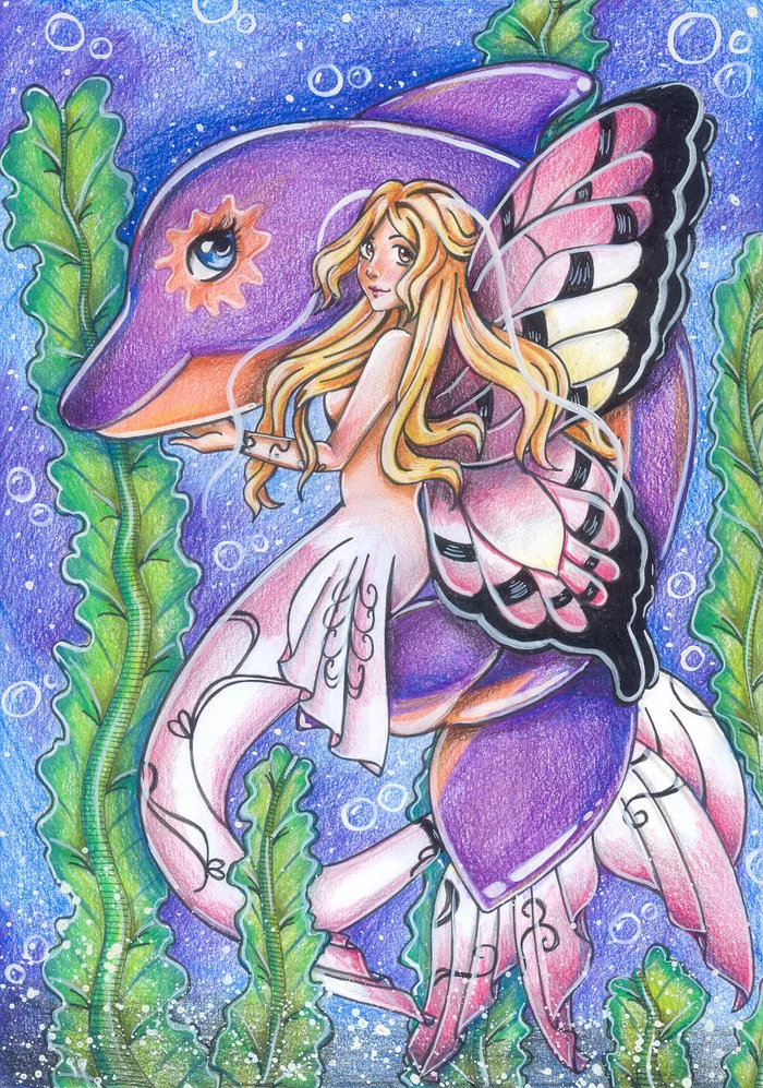 Butterfly Mermaid - My, the little Mermaid, Drawing, Butterfly, Dolphin, Creation, Art