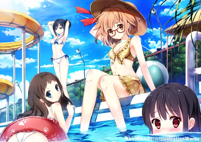 Swimming pool party - NSFW, Kyoukai no kanata, Mirai Kuriyama, Nase mitsuki, Ai Shindou, Anime art, Anime