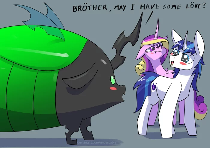 Brother, can you give me some love? - My little pony, Shining armor, Princess cadance, Queen chrysalis, Underpable