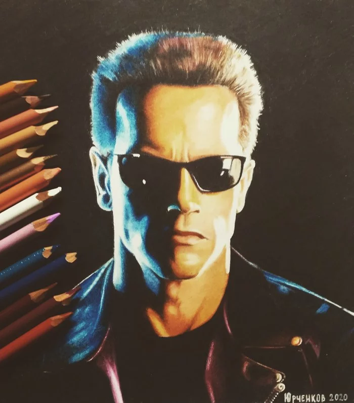 Terminator drawing with colored pencils - My, Portrait, Drawing, Pencil drawing, Art, Terminator 2: Judgment Day, Arnold Schwarzenegger, Colour pencils, Longpost