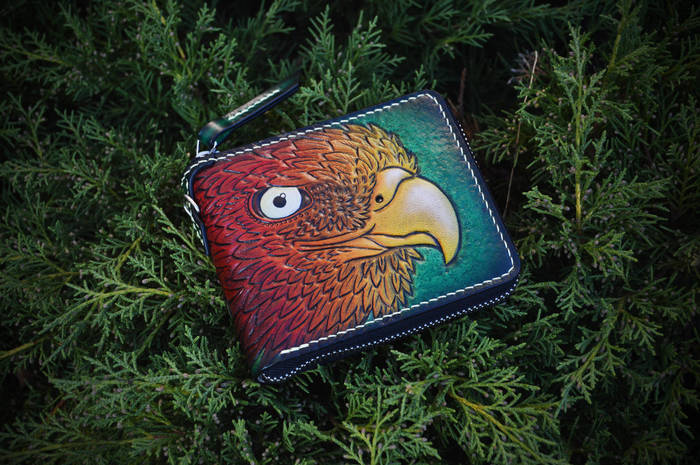 Phoenix. Short wallet - My, Eagle, Leaves, Wallet, Phoenix, Leather, Embossing, Embossing on leather, Longpost