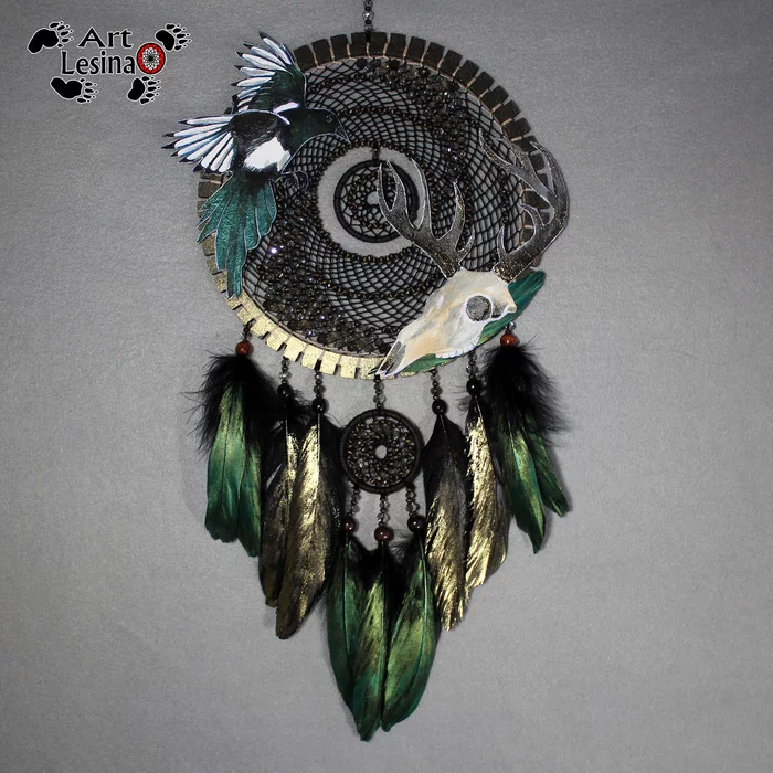 Dreamcatcher Magpie Tales, 48 cm - My, Dreamcatcher, Magpie, Birds, Scull, Amulet, Longpost, Needlework without process