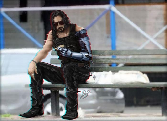 Sad Keanu - Cyberpunk 2077, Keanu Reeves, Art, Bench, Johnny Silverhand