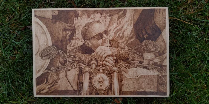 Portrait of a motorcycle and its creator - My, Moto, Pyrography, Rock, Customization, Motorcyclists, Needlework without process, Harley-davidson, Longpost