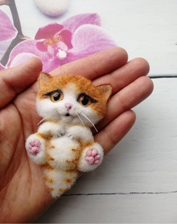 Cat brooch)) - My, Handmade, Brooch, Dry felting, Needlework without process