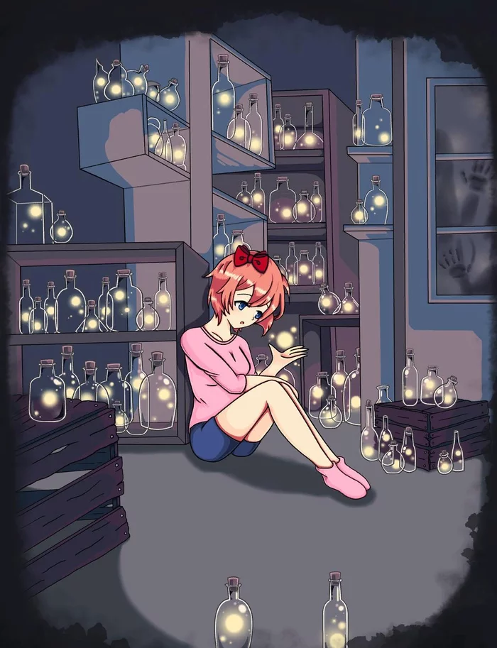 Happy Thoughts, Happy Thoughts, Happy Thoughts in bottles, all in the row - Doki Doki Literature Club, Sayori, Anime art, Visual novel