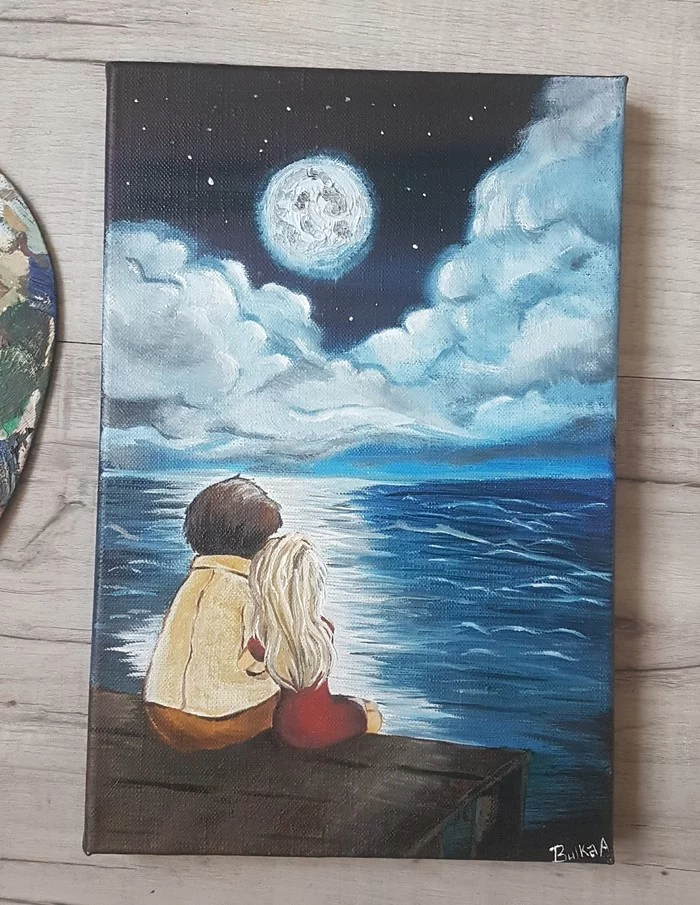 Under the moon - My, moon, Butter, Painting, Love, Date, Longpost