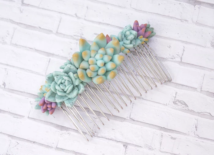 Hair comb mint succulents - My, Crest, Barrette, Polymer clay, Handmade, Succulents, Decoration, Presents, Hair, Longpost