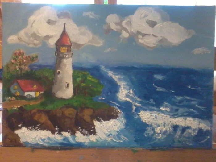 Lighthouse - My, Artist, Beginner artist, Lighthouse, Drawing, Oil painting, Nature, Landscape, Landscape painting