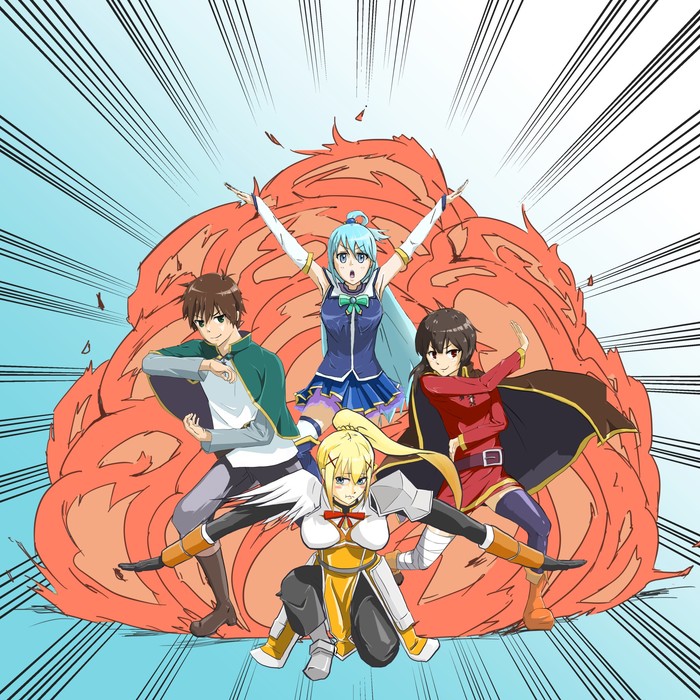 Konosuba Bizarre Adventure Аниме, Konosuba, Anime Art, Megumin, Satou Kazuma, Darkness, Aqua, Jojos Bizarre Adventure