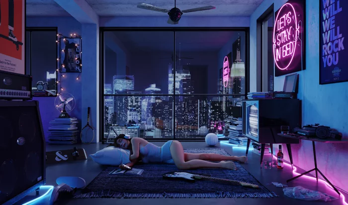 Night mood - NSFW, Моё, 3DS max, Corona Render, Ночь, Неон, 3D, 3D графика, Coub, Длиннопост