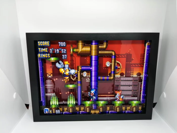 Diorama/Shadowbox based on the game Sonic Mania. Level Oil Ocean Zone/boss Meter Droid - My, Sonic the hedgehog, Sonic Mania, Sega, Pixel Art, 16 bit, Shadowbox, Diorama, Computer games, Video, Longpost