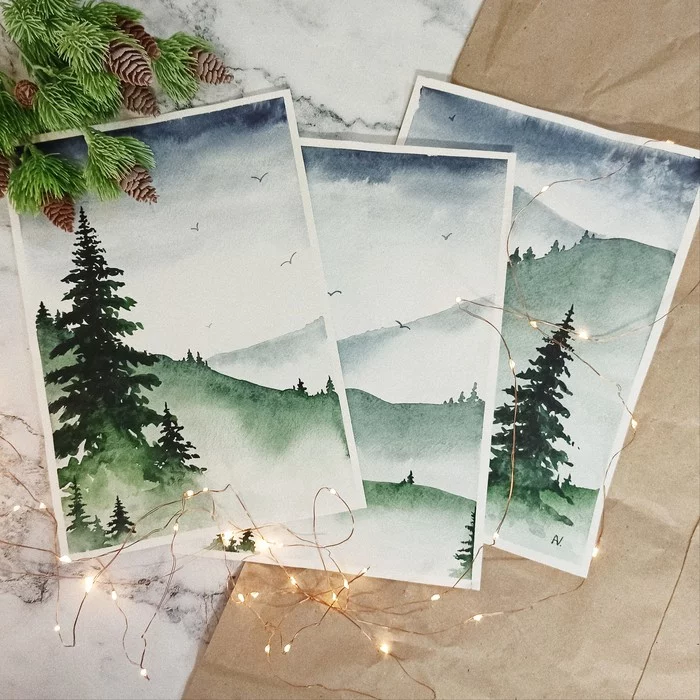 And again the Christmas trees) - My, Watercolor, Painting, Landscape, Longpost