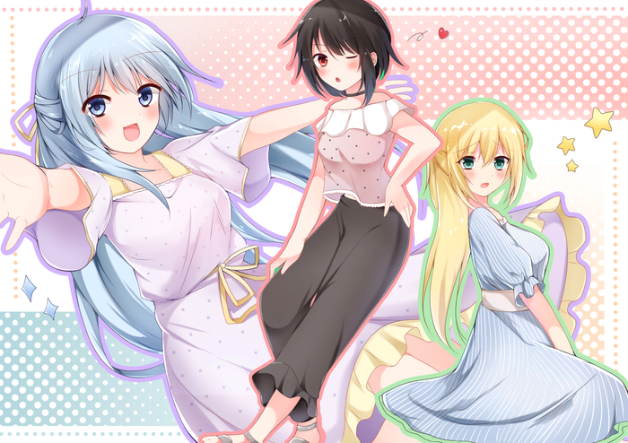 Pajama party Konosuba, Aqua, Megumin, Darkness, Anime Art, 