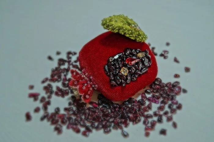 Brooch Pomegranate - My, Needlework without process, Velvet, Brooch, Brooch Spring, Handmade, Beads