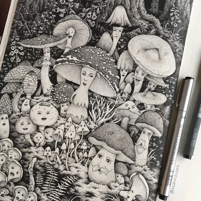 singing mushrooms - My, Illustrations, Botanical illustration, Mushrooms, Black and white, Graphics, Drawing, Characters (edit), Art, Longpost