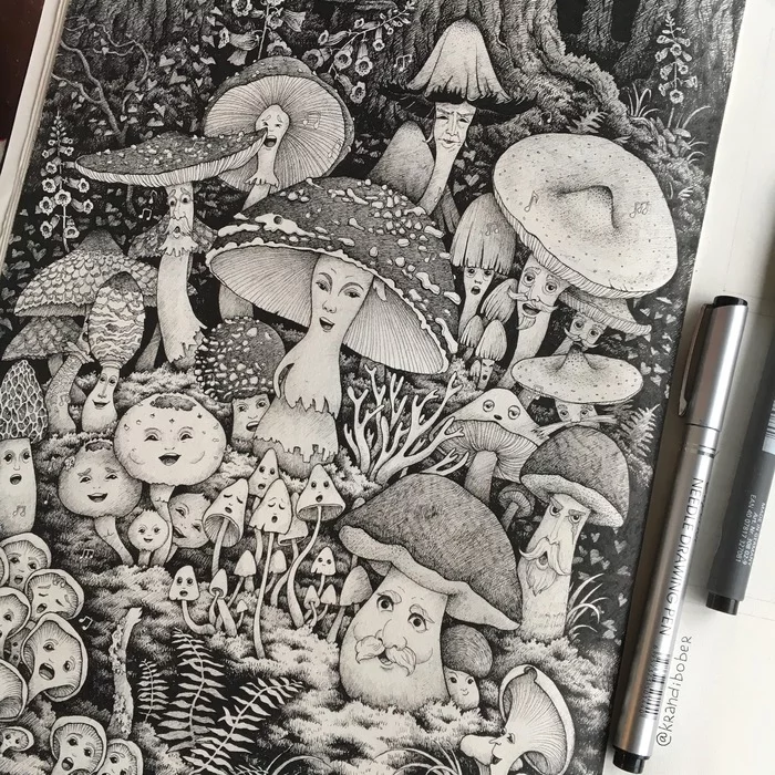 Singing mushrooms - My, Illustrations, Botanical illustration, Mushrooms, Black and white, Graphics, Drawing, Characters (edit), Art, Longpost