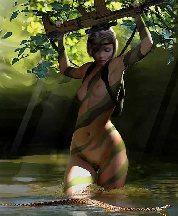 Crossing - NSFW, Art, Erotic, Hand-drawn erotica, Girls, Camouflage, Naked, Snake, Steven Stahlberg