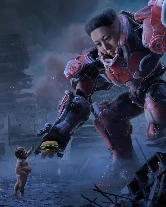 Mecha-Kim Jong-un gives baby Donald a cheeseburger - 3D, Donald Trump, Kim Chen In, Beeple