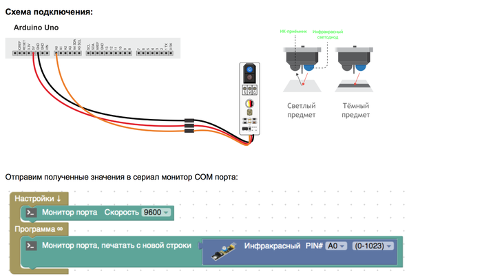 Подключение: Инфракрасныи датчик линии, счетчик числа оборотов Arduino / Ardublock