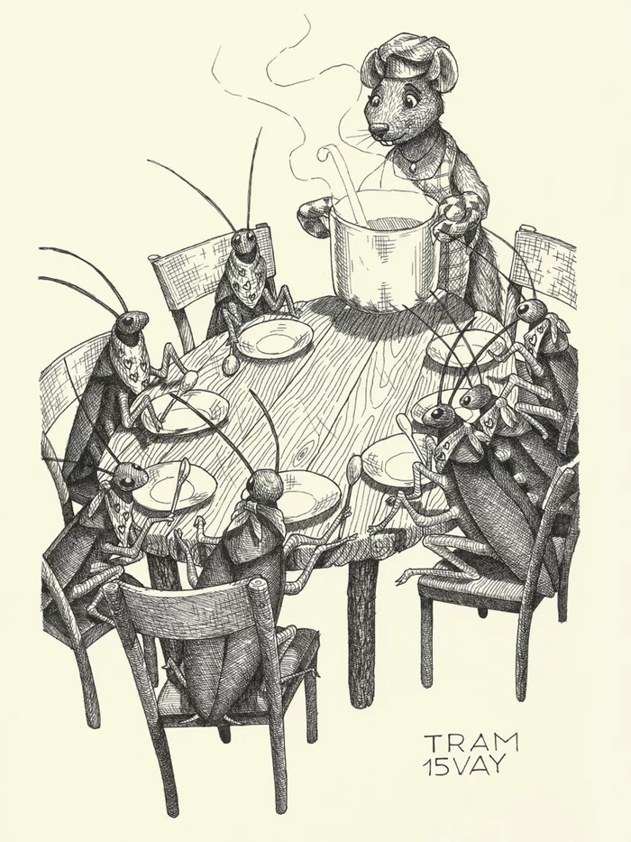 Dinner at Mrs. Mouse's - Art, Drawing, Mouse, Cockroaches, Tram15vay