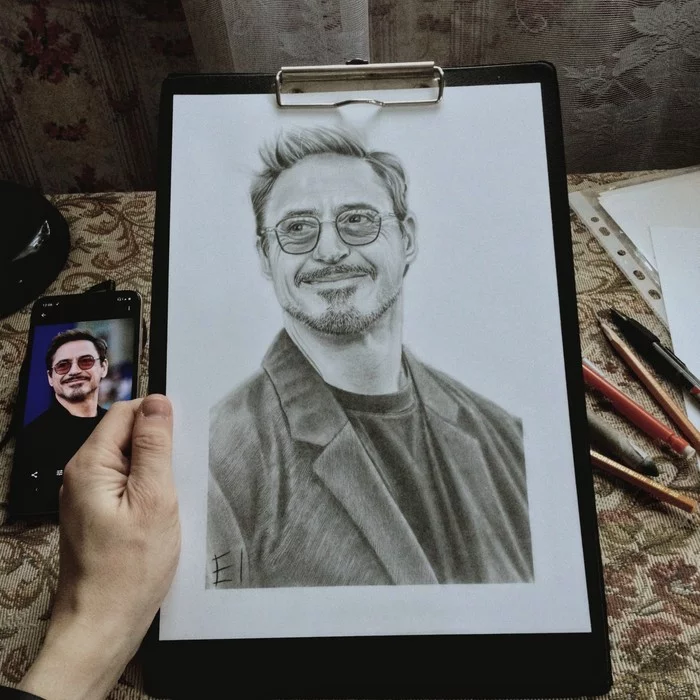 pencil drawing - My, Drawing, Art, Tony Stark, iron Man, Pencil drawing, Pencil, Longpost, Robert Downey the Younger, Robert Downey Jr.