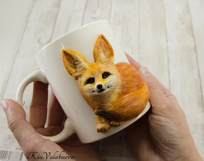 Fennec fox made of polymer clay - My, Polymer clay, Кружки, Mug with decor, Handmade, Fox, Fenech, With your own hands, Milota, Video, Longpost