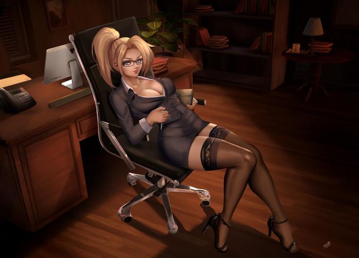 When called to the boss's carpet - NSFW, Art, Drawing, Girls, Mercy, Overwatch, Hand-drawn erotica, Erotic, Felox08