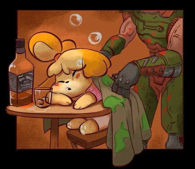 Doomguy is caring - Doom, Animal crossing, Art, Games, Crossover, Doomguy, Isabelle