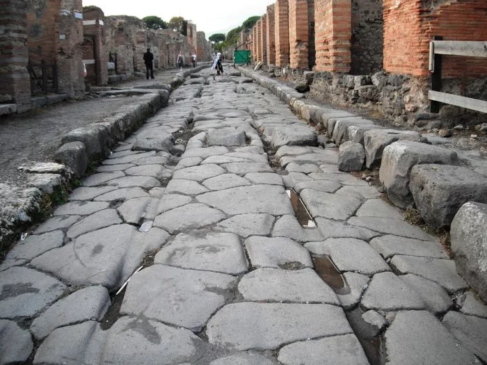 Pavement over 1900 years old with a chariot track (Pompeii, Italy) - Pavement, Italy, Pompeii, Rut