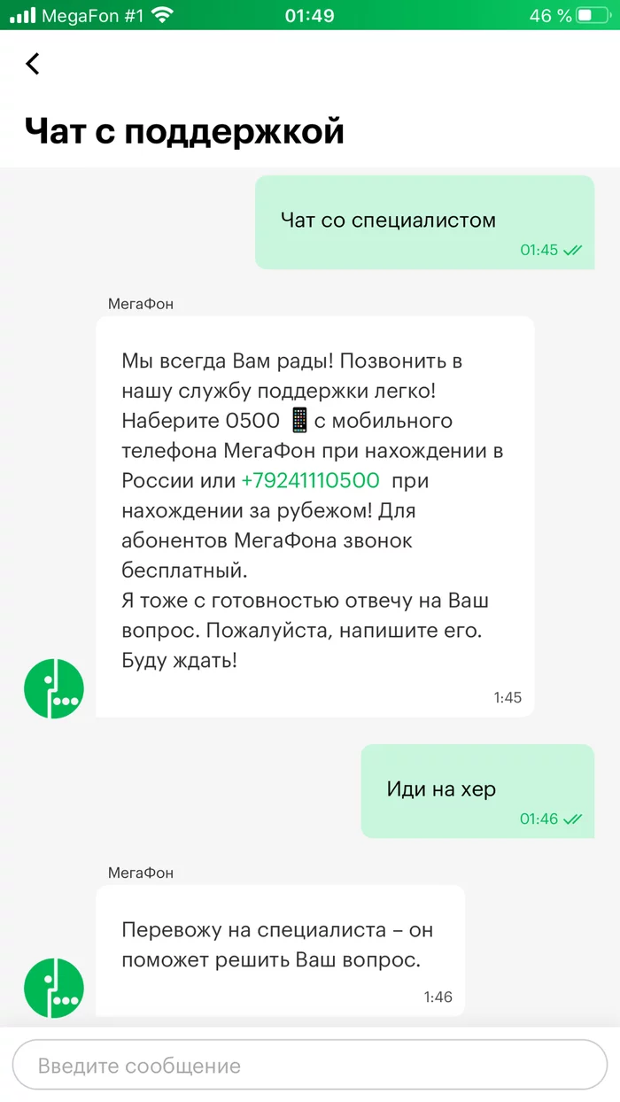 Life hack: how to translate a dialogue from a robot to a Megafon specialist in three words!? - Megaphone, Chat room, Appendix, Screenshot, Support service